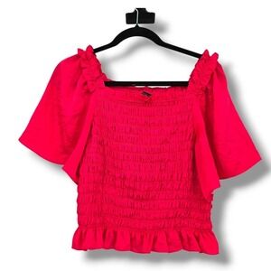 Ann Taylor Smocked Ruffle Top Square Neck Short‎ Sleeve Crop Blouse Size S